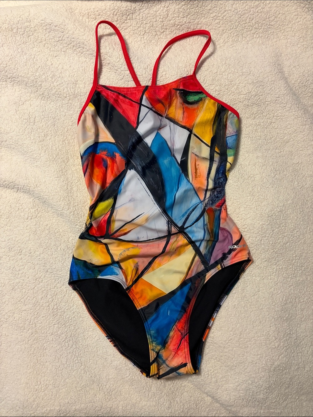 SPORTI Womens Multicolor Abstract One-Piece Swimsuit - Red Trim. Size 34. NWT.